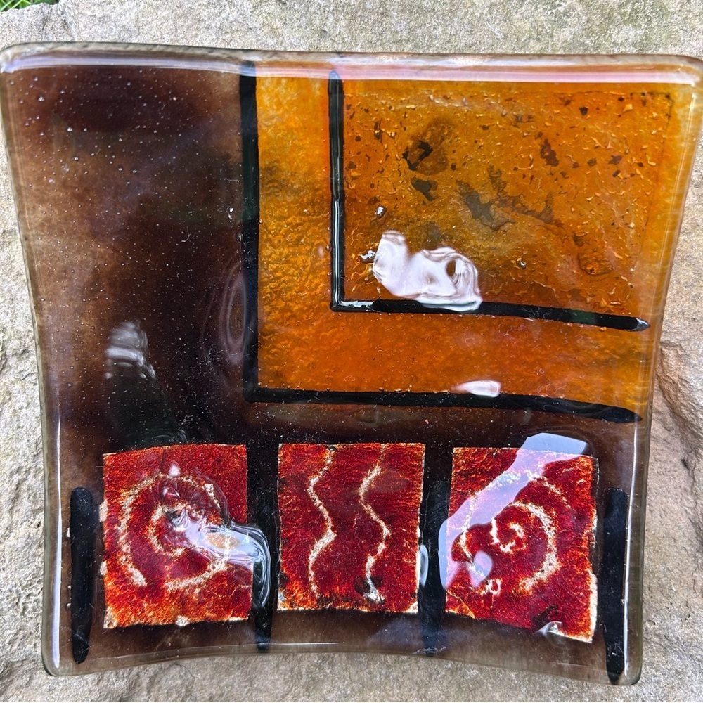 VINTAGE MCM 70s Glass 6" Square Ashtray Trinket Red Orange Silver Abstract Tray
